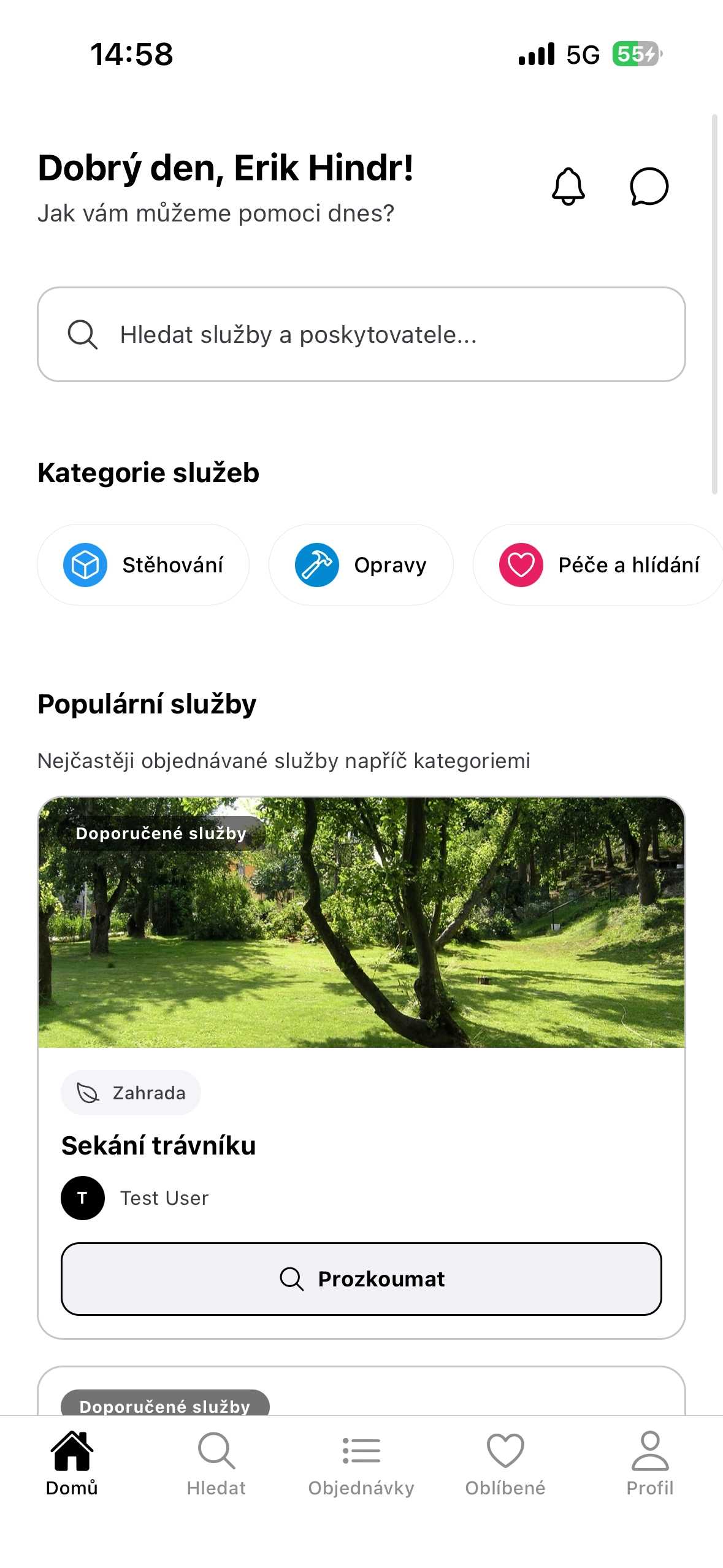 Ukázka mobilní aplikace Servicee – vyhledávání služeb
